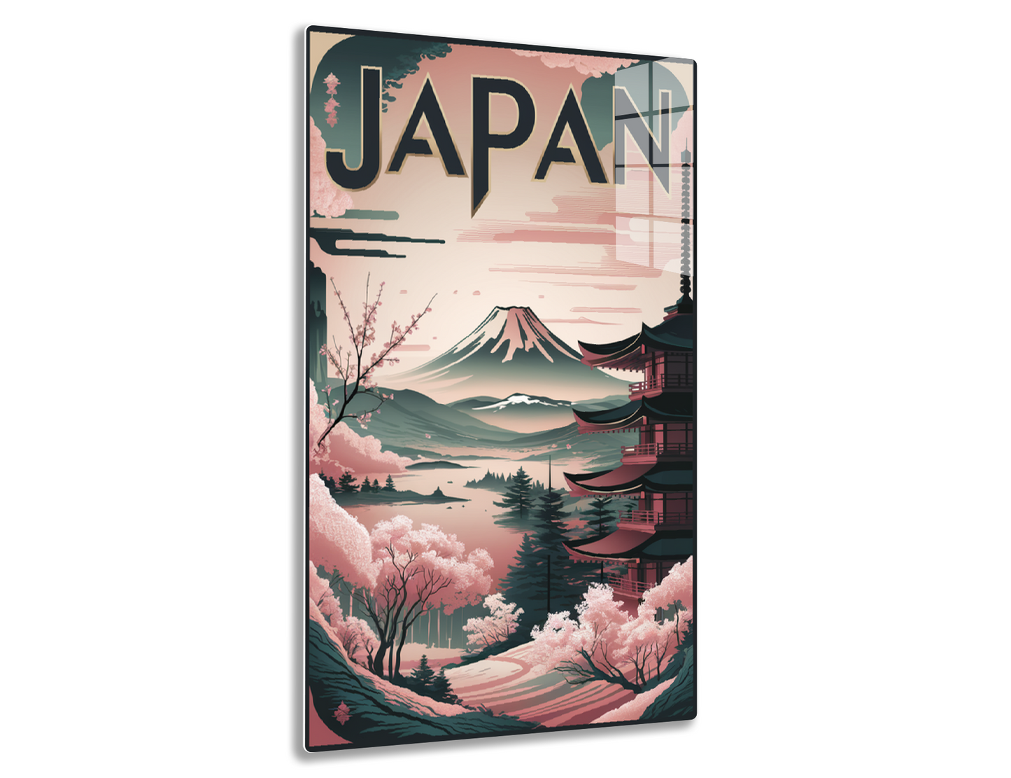 Vintage-style travel poster depicting a scenic Japanese landscape with Mount Fuji, a pagoda, cherry blossoms, and the word "Japan" in large text.

