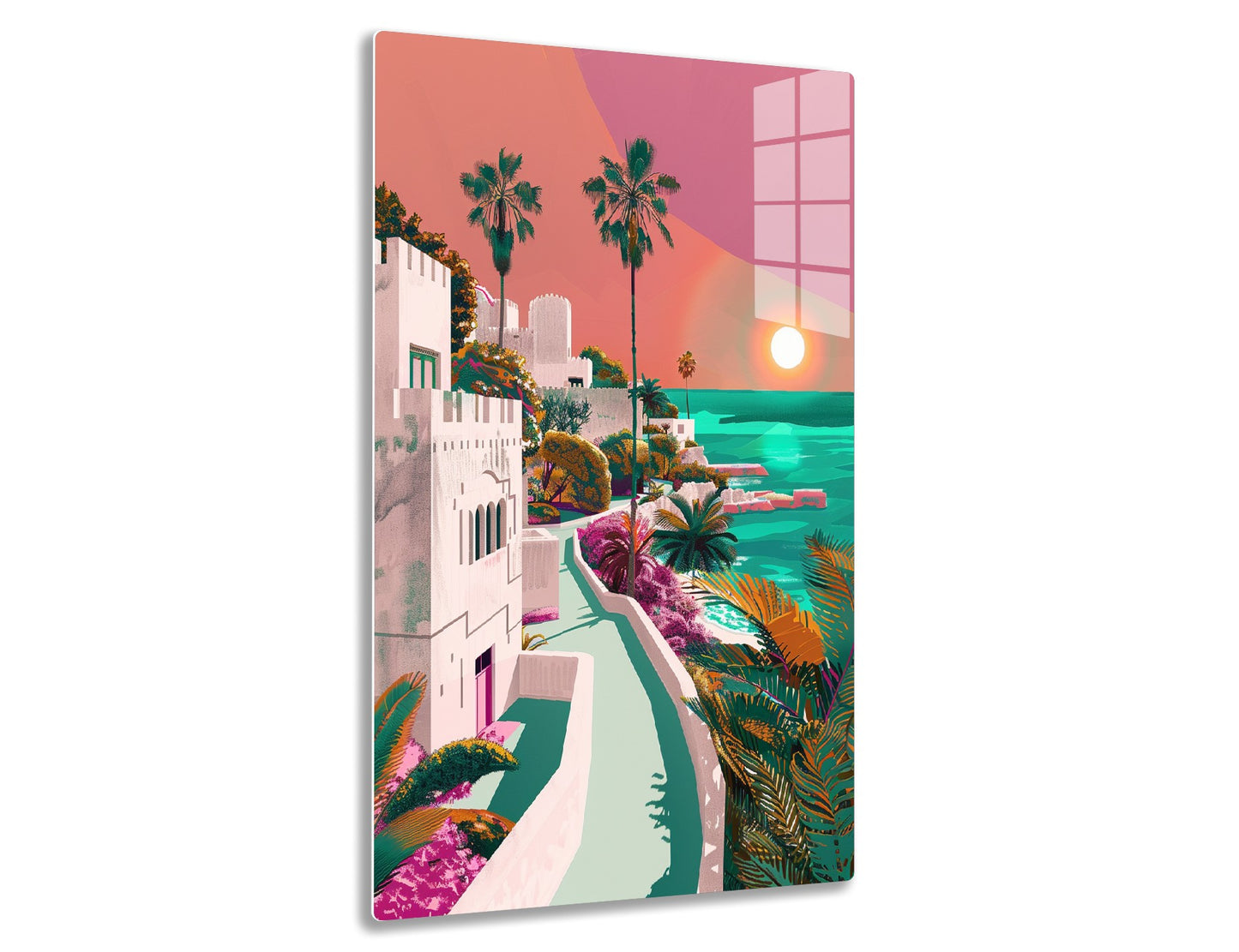 An illustration of a vibrant coastal town with whitewashed buildings, lush palm trees, and a pink sunset over the turquoise sea. The scene is infused with rich colors and intricate details, capturing a dreamlike, tropical paradise
