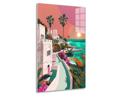 An illustration of a vibrant coastal town with whitewashed buildings, lush palm trees, and a pink sunset over the turquoise sea. The scene is infused with rich colors and intricate details, capturing a dreamlike, tropical paradise
