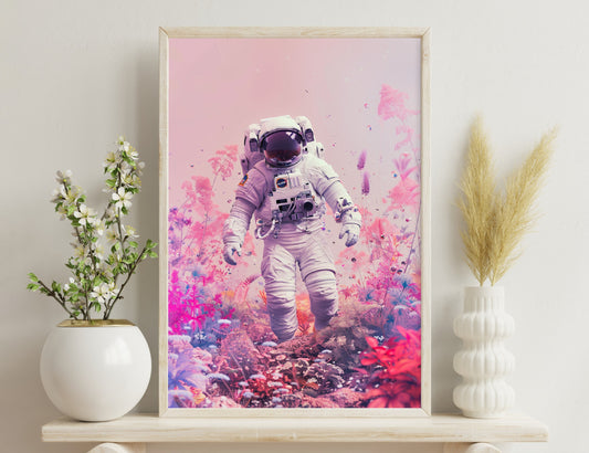 An astronaut in a white spacesuit stands amidst vibrant pink and purple flora, creating a surreal contrast between space exploration and nature's beauty.
