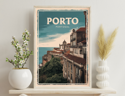 A vintage travel poster featuring the picturesque cityscape of Porto, Portugal, with its iconic buildings, red-tiled roofs, and a view of the river or sea in the background.
