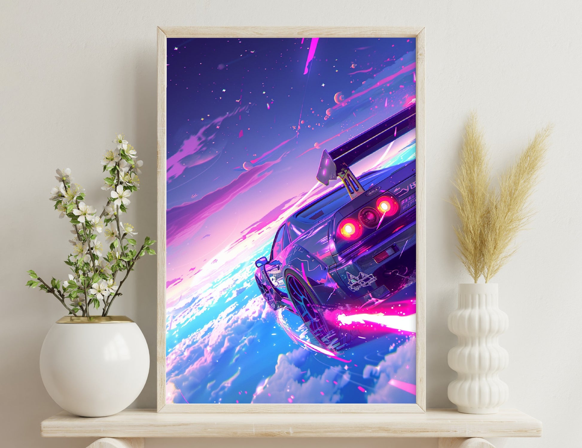 A futuristic digital artwork depicting a stylized vintage car soaring through vibrant cosmic energy trails against a neon-colored celestial backdrop.
