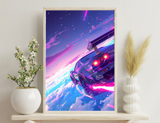 A futuristic digital artwork depicting a stylized vintage car soaring through vibrant cosmic energy trails against a neon-colored celestial backdrop.
