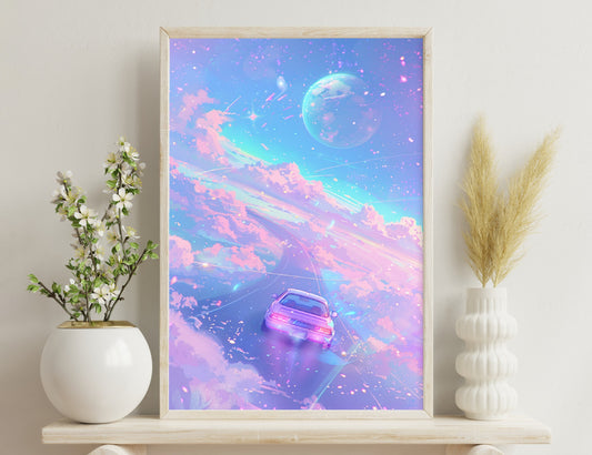 A surreal digital artwork depicting a vintage car floating amidst cotton candy-colored clouds, shooting stars, and a large ethereal bubble in a dreamy, cosmic atmosphere.
