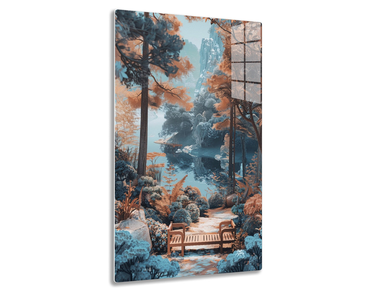 Scenic landscape with tall mountains, winding river, wooden bench, and vibrant fall foliage in orange and blue hues creating a serene, dreamlike atmosphere.
