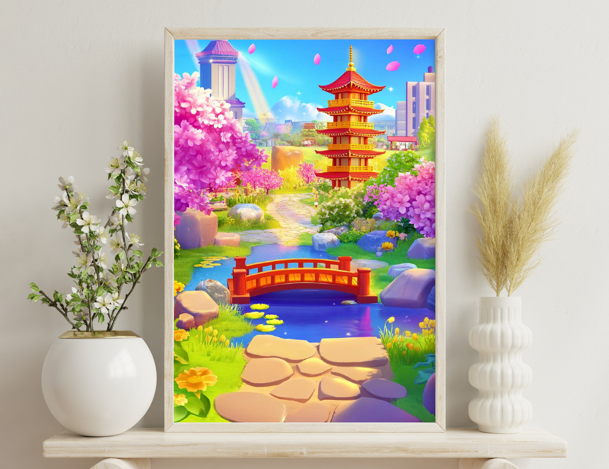 A vibrant, colorful illustration of a Japanese garden with cherry blossoms, a pagoda, a red bridge over a pond with koi fish, and a rainbow in the sky.
