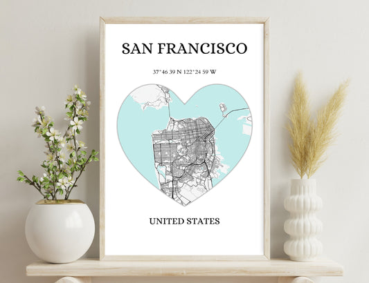 San Francisco city map depicted in a heart shape with coordinates 37°46'39"N 122°24'59"W, black and white detailed street layout on a light blue background, labeled "United States" below.
