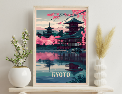 A vintage-style travel poster depicting a scenic view of traditional Japanese pagodas and buildings reflected in a tranquil lake, surrounded by cherry blossom trees and mountains in the background, with the text "Kyoto" at the bottom
