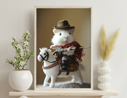 A white mouse wearing a cowboy hat and scarf holds a rifle and rides on the back of a white toy horse figurine against a tan background.
