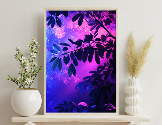 Silhouettes of leaves and branches against a vibrant purple and blue sky, creating a dreamy, ethereal atmosphere.
