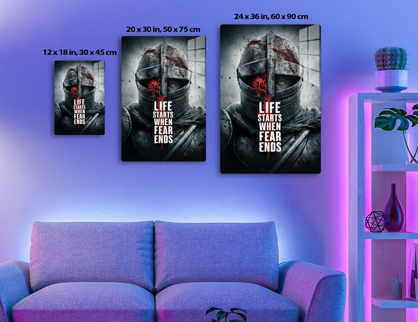 A warrior's helmet covered in blood and grime depicts a fierce expression, with the text "Life starts when fear ends" displayed boldly across it, creating a powerful and intense visual.
