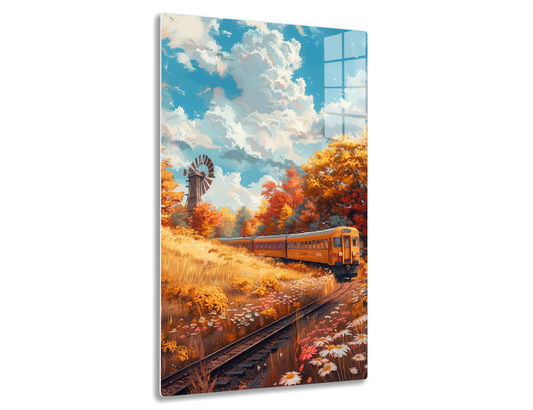 An autumnal landscape with a vintage train passing through vibrant orange foliage, an old windmill, and a cloudy blue sky, evoking a nostalgic and scenic countryside atmosphere.
