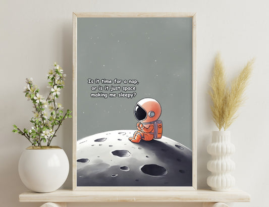 An astronaut sitting on the surface of a moon or planet, wondering if it's time for a nap or just the expanse of space making them sleepy, with a starry sky in the background.
