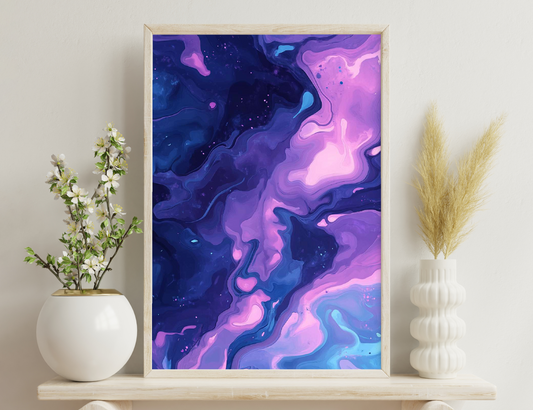 Abstract fluid art in shades of blue, purple, and pink, with swirling, cloud-like shapes and shimmering specks creating an ethereal, cosmic atmosphere.
