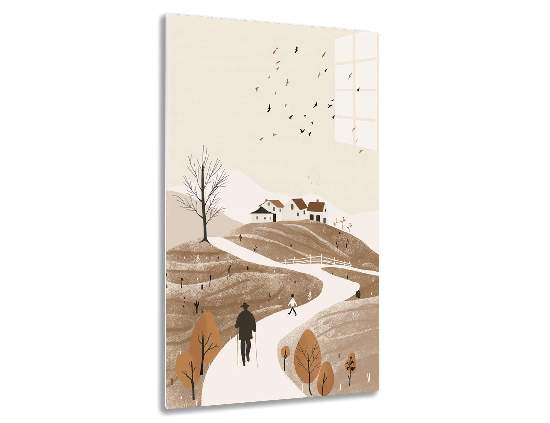 A serene winter landscape depicting a winding path leading towards a small village on a hill, with bare trees, birds in flight, and silhouetted figures walking among the snowy scenery.

