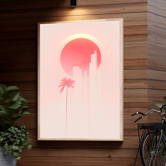 Minimalist illustration of a pink sunset sky with a large sun, a silhouette of skyscrapers and a tall palm tree, evoking a tropical city atmosphere.
