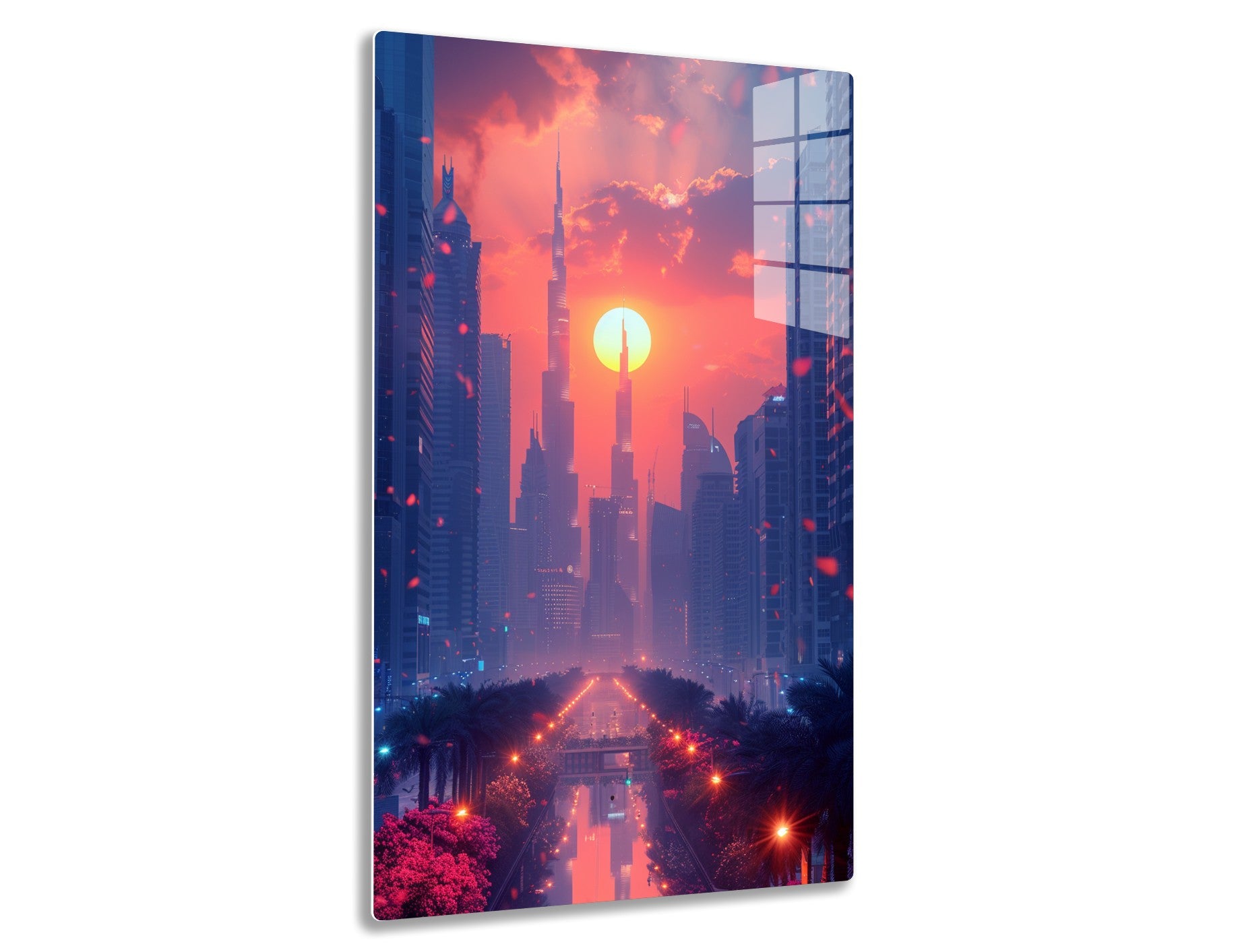 A vibrant and futuristic cityscape in Dubai during a striking sunset, with the iconic Burj Khalifa towering over the skyline and the warm glow illuminating the tall skyscrapers and palm trees.
