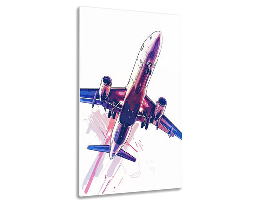A stylized illustration of a commercial jet airplane in shades of pink, purple, and blue, depicted from the front with the wings and engines visible, giving an impression of movement and vibrant energy.
