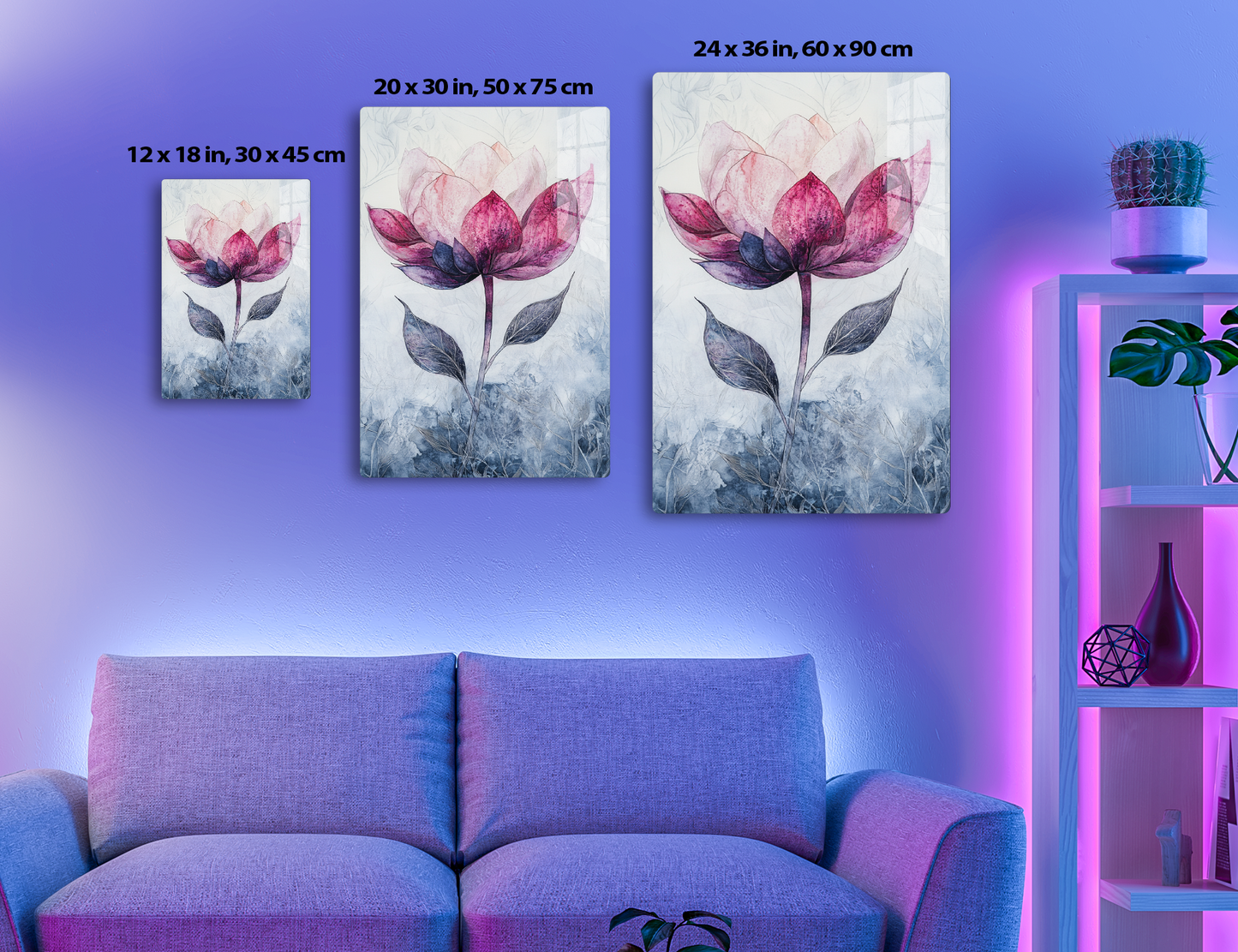 A delicate watercolor painting of a vibrant pink and purple lotus flower with intricate detailing on its petals, set against a soft blue and gray background with leaf patterns.
