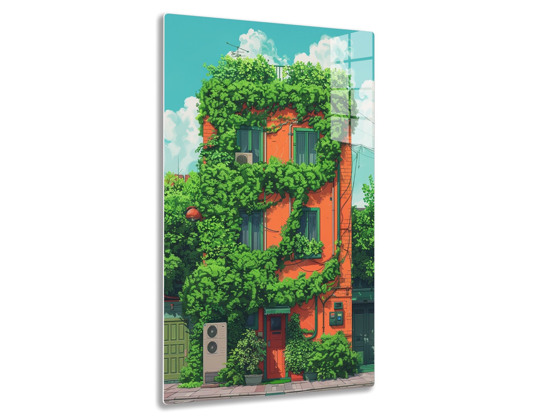 An intricately detailed illustration depicts a vibrant orange building enveloped in lush green foliage, with windows and a doorway peeking through the verdant vines against a picturesque cloudy blue sky backdrop.
