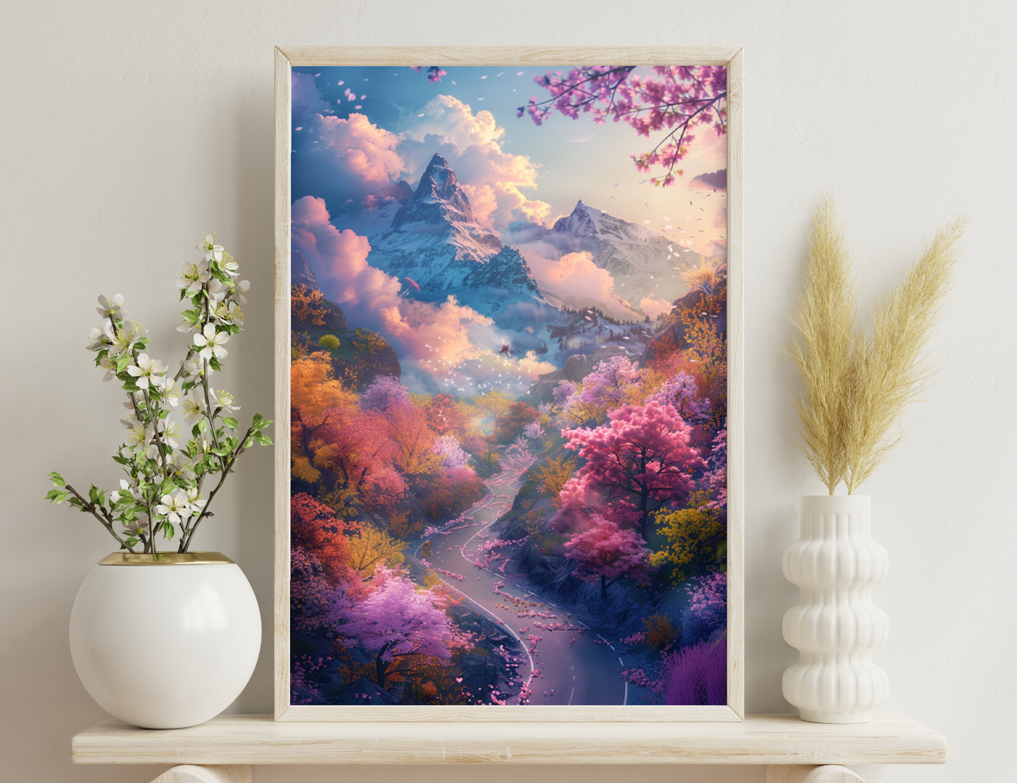 A surreal landscape featuring majestic snow-capped mountains amidst vibrant pink, yellow and blue foliage, with a winding river reflecting the colorful scenery and cherry blossoms in the foreground.
