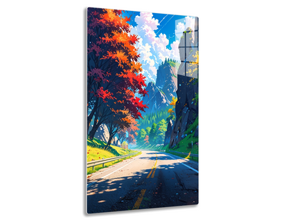 An autumn mountain road winding through towering cliffs with vibrant fall foliage, a flowing river by the roadside under a blue sky with white clouds.
