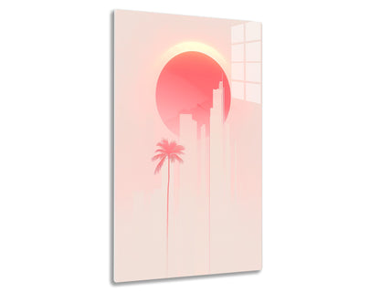 Palm tree and city skyline silhouetted against a large red sun in a minimalist style illustration depicting a warm, tropical urban setting.
