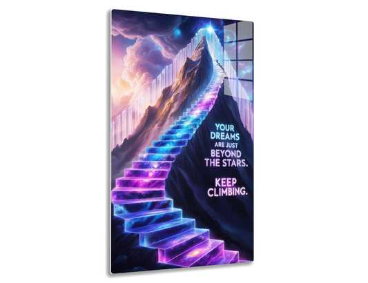 A surreal image depicting a stairway of glowing, colorful steps leading up to a towering mountain peak amidst cosmic clouds and stars, with an inspirational quote encouraging perseverance towards one's dreams.
