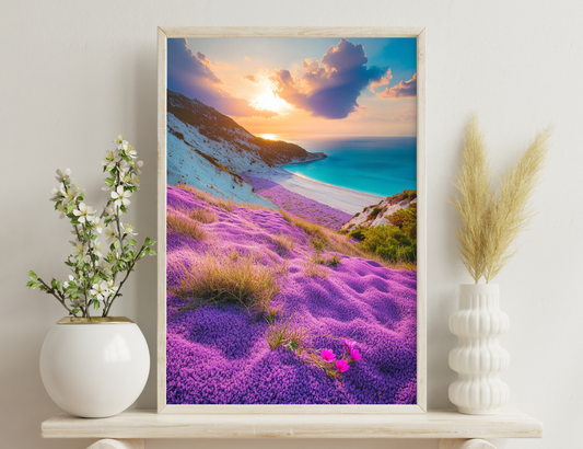 A stunning sunset view of a beach cove surrounded by vibrant purple flowering plants on the slopes, with turquoise water, snow-capped mountains, and dramatic clouds in the sky.
