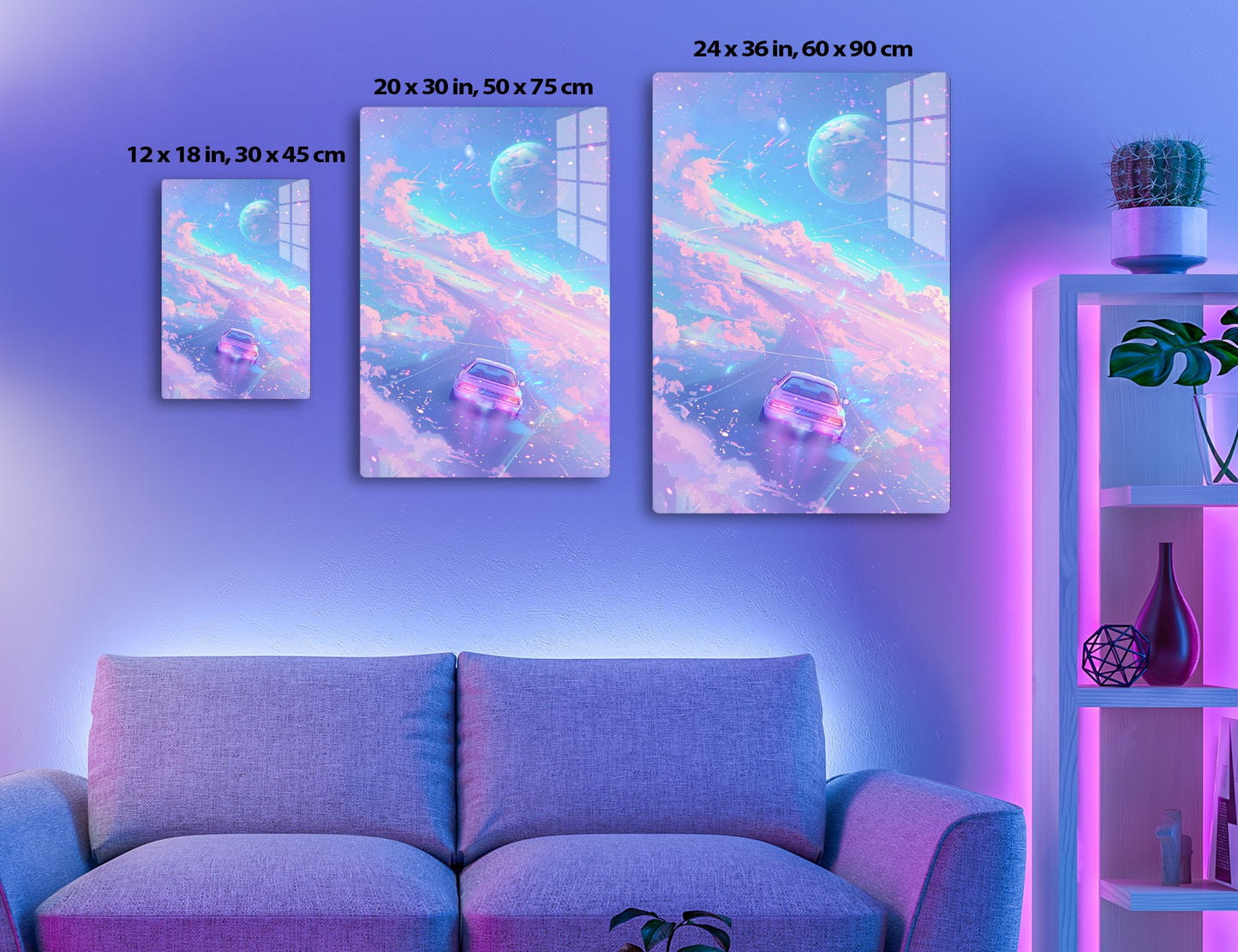 A surreal digital artwork depicting a car floating through a dreamy sky filled with colorful clouds, a large iridescent bubble, and scattered particles, creating a whimsical and imaginative atmosphere.
