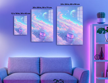 A surreal digital artwork depicting a car floating through a dreamy sky filled with colorful clouds, a large iridescent bubble, and scattered particles, creating a whimsical and imaginative atmosphere.
