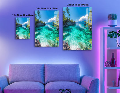 A stunningly clear lake surrounded by towering mountains and pine trees, with vibrant turquoise water reflecting the clouds above, creating a serene and picturesque natural landscape.
