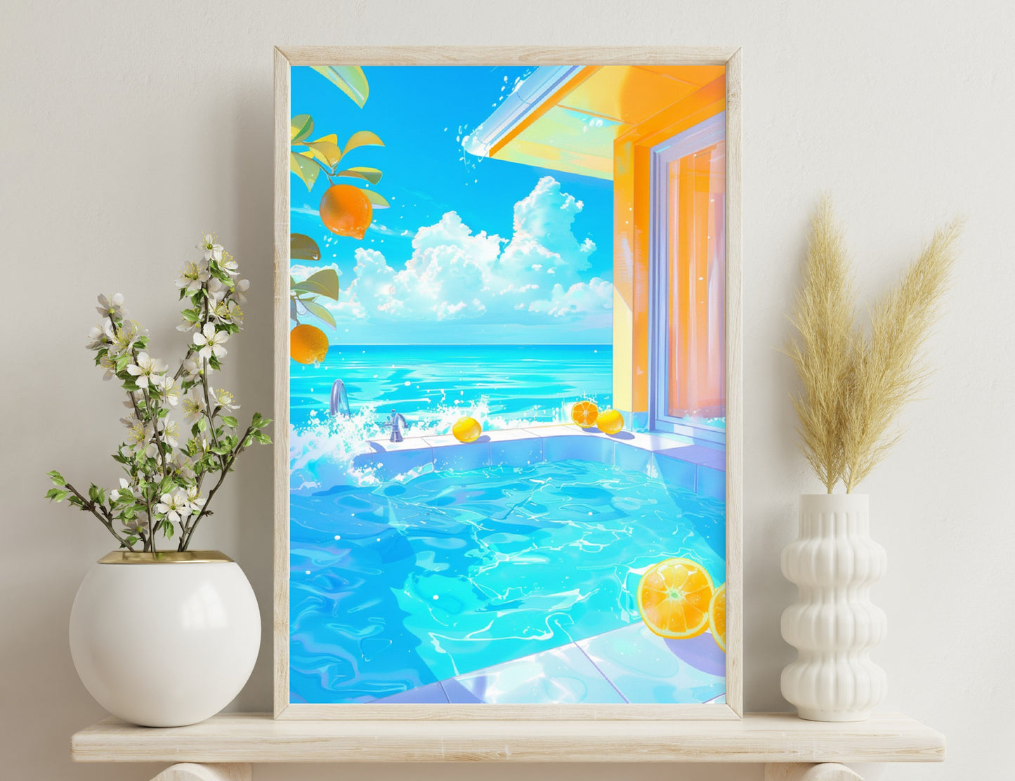 An idyllic tropical scene with a refreshing swimming pool overlooking the turquoise ocean and puffy white clouds. Oranges and lush greenery surround the pool area, creating a vibrant and inviting atmosphere.
