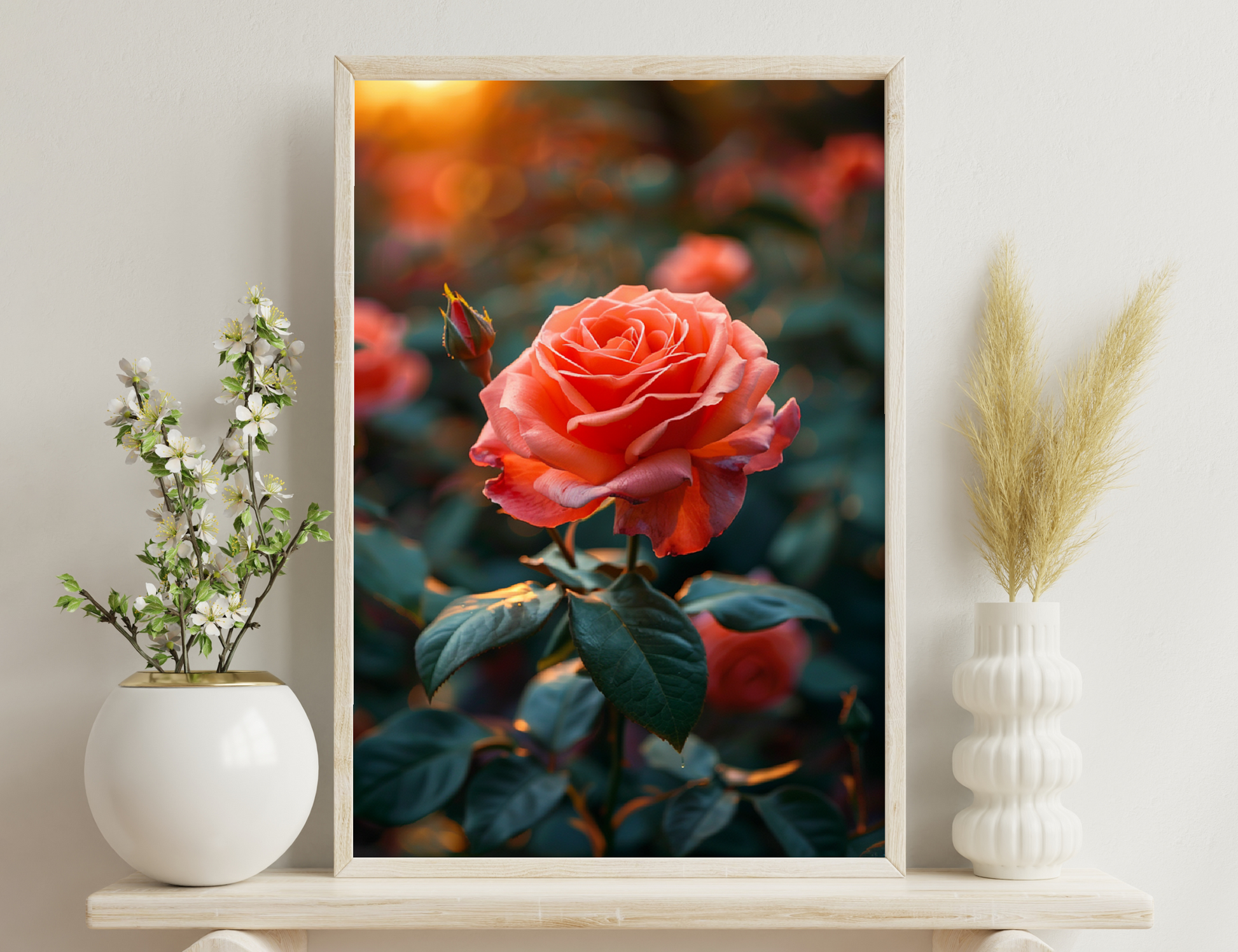 A close-up of a vibrant orange rose in full bloom, with delicate petals and green leaves, against a blurred background of orange and red rose bushes in a warm, sunlit garden setting.

