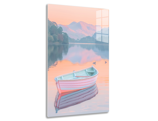 A serene lake at dawn or dusk reflects the surrounding mountains and trees, with a small wooden rowboat in the foreground mirrored in the still waters, creating a tranquil and picturesque scene.
