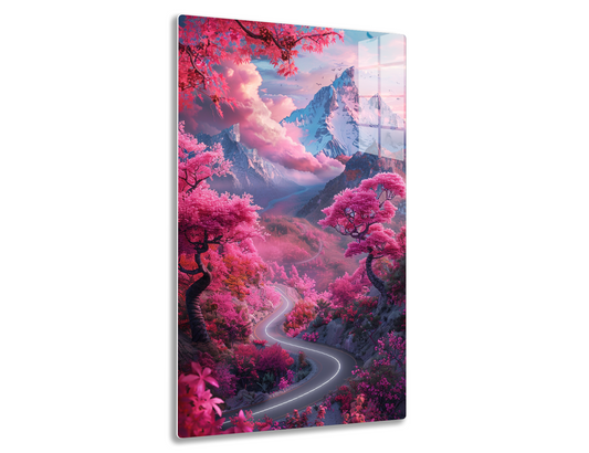 A stunning landscape with towering snow-capped mountains, pink cherry blossom trees lining a winding road, and vibrant clouds in the sky creating a dreamlike, picturesque scene.
