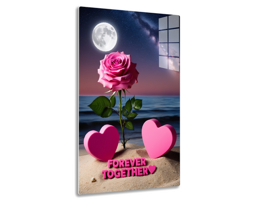 A single red rose against a night sky with a full moon and the Milky Way galaxy, accompanied by two pink heart shapes and the text "Forever Together" on a beach, representing eternal love.

