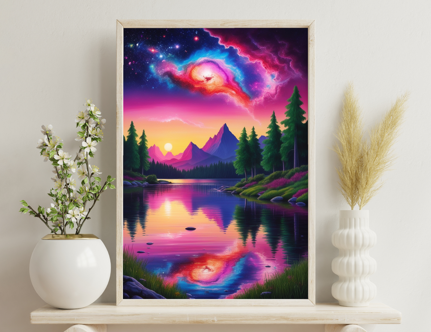 A cosmic scenery with a swirling, colorful nebula in vibrant shades of pink, orange and blue dominates the night sky, reflected in a calm lake surrounded by mountains, trees and grassy shores, creating a surreal
