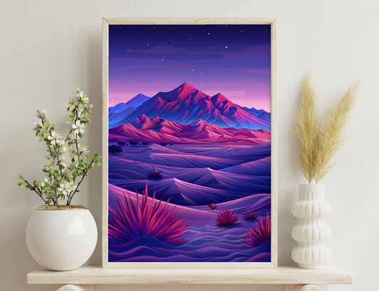 A vibrant landscape at dusk featuring majestic, snow-capped mountains in shades of red and blue against a starry sky, with rolling hills and desert plants in the foreground.
