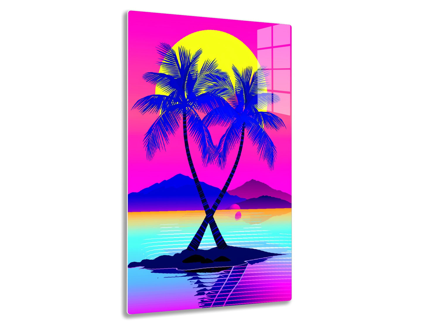 Tropical sunset scene with two intertwined palm trees silhouetted against a pink and yellow sky, reflected in calm turquoise waters with mountains in the background.
