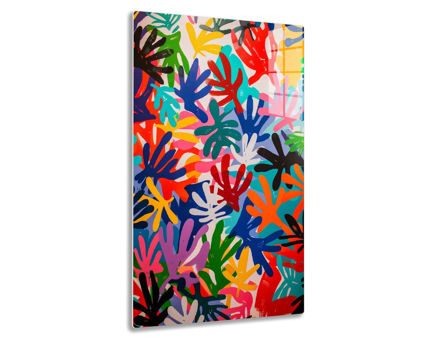 Colorful abstract pattern of overlapping handprint shapes in various vibrant colors like red, blue, green, yellow, and more, creating an energetic and dynamic composition.

