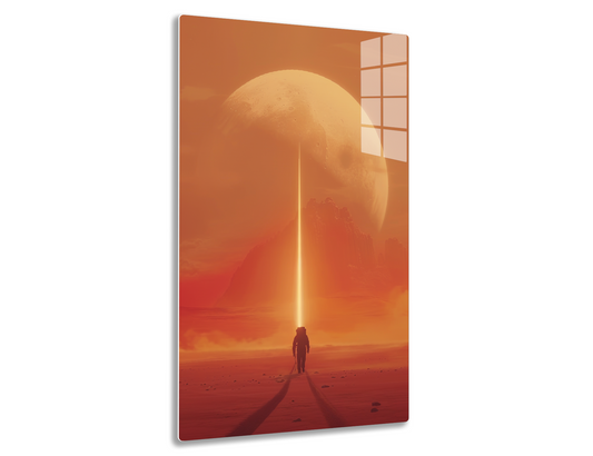 A lone figure stands on a path leading towards an immense glowing beam of light piercing the sky, with an enormous reddish moon looming in the background against an orange-tinted horizon.
