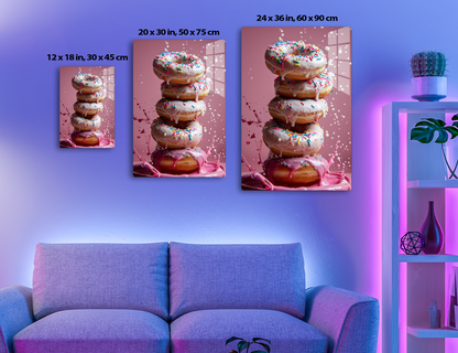 A stack of glazed donuts topped with colorful sprinkles against a pink background, creating a visually appealing and indulgent treat.
