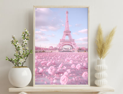 The Eiffel Tower in Paris stands tall behind a field of pink roses, creating a dreamy and romantic scene with its pink hue against a cloudy sky.
