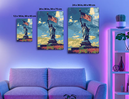 The Statue of Liberty holding a tattered American flag, set against a turbulent sky with bursts of flames or explosions in the background, portraying a sense of turmoil or crisis.
