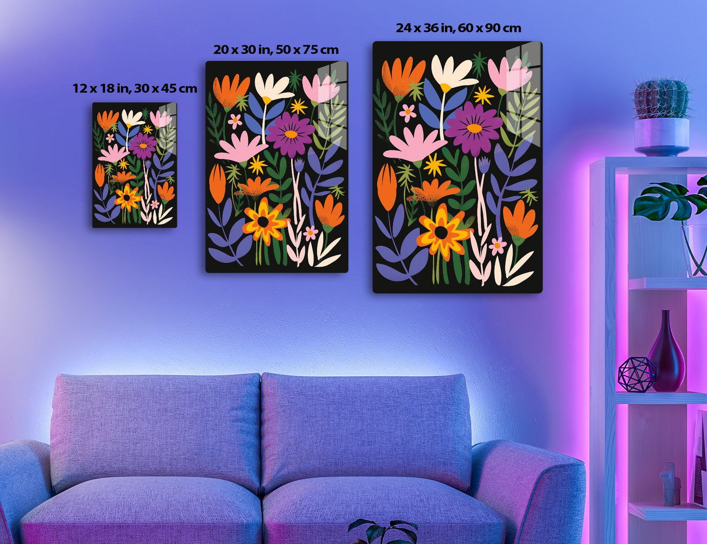 An abstract floral design featuring stylized flowers in bright colors like orange, yellow, pink, purple, blue, and green against a black background.
