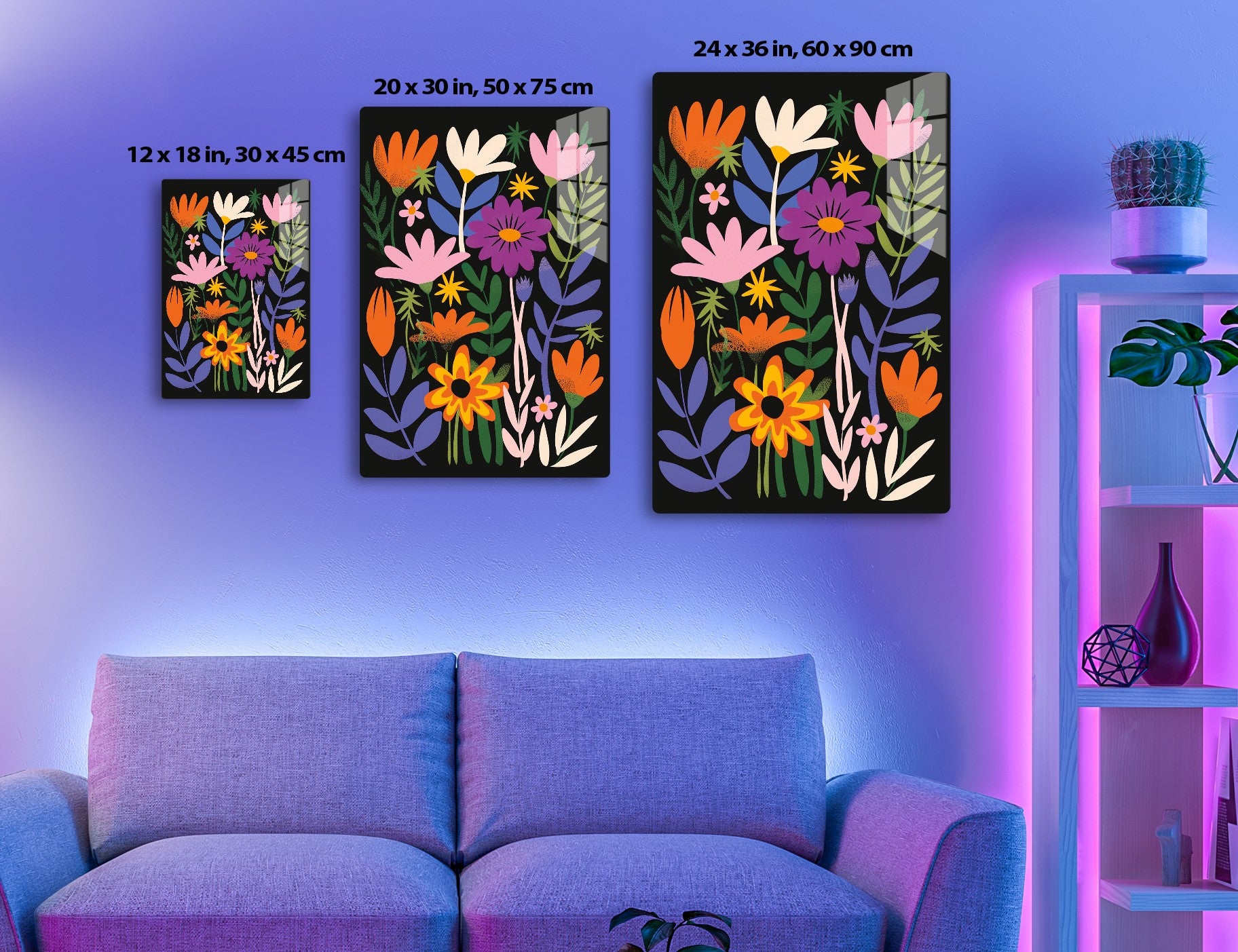 An abstract floral design featuring stylized flowers in bright colors like orange, yellow, pink, purple, blue, and green against a black background.

