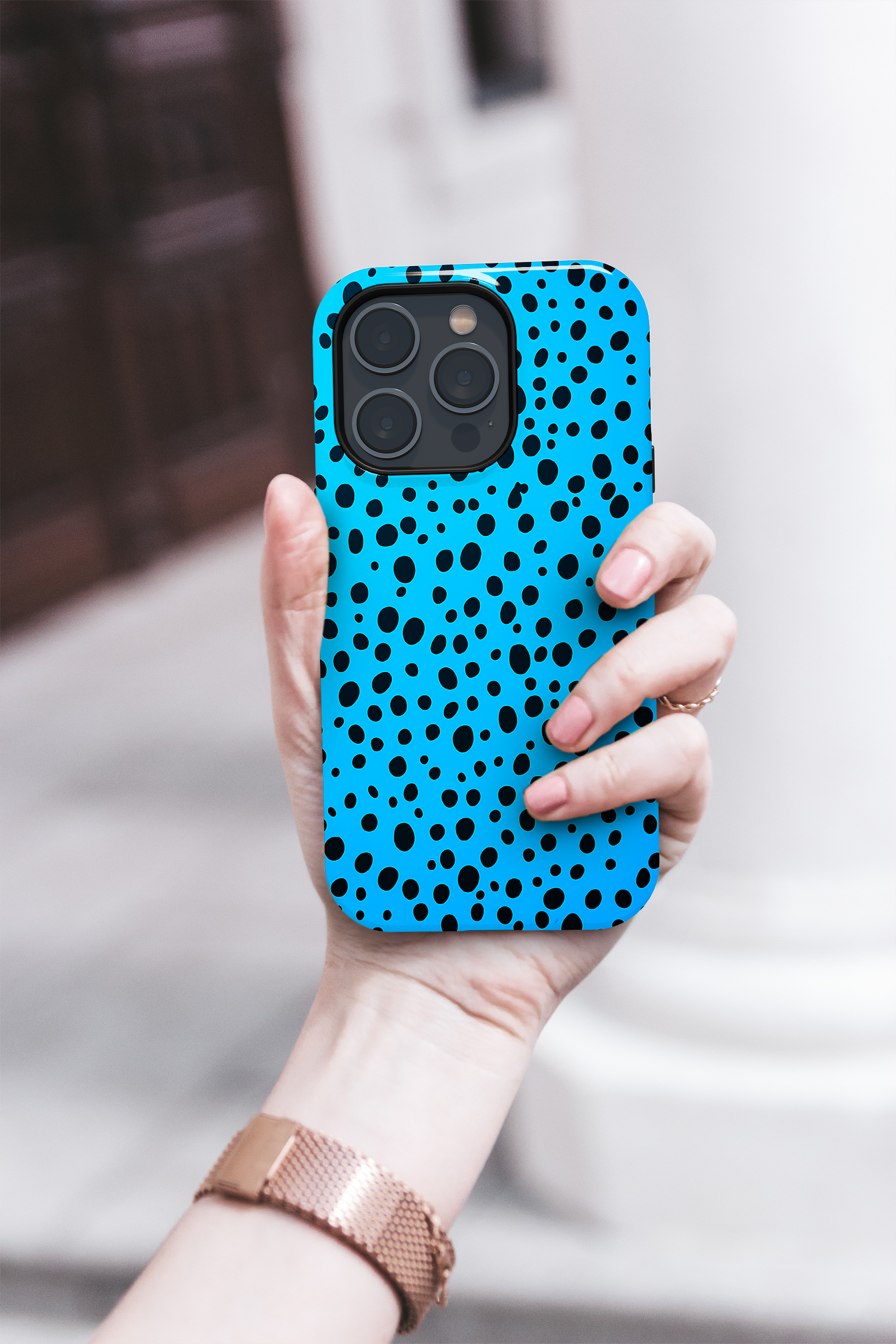 Dotted Delight - Sky Blue (iPhone Case 11-15)Elevate your iPhone's style with a Sky Blue surface with scattered dark dots and a tough case. Sleek, durable protection for models 11-15. Free US shipping.RimaGallery